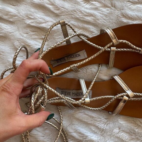 Steve Madden Werkit Gold Leather Leg Wrap Gladiator Sandals - Picture 10 of 16